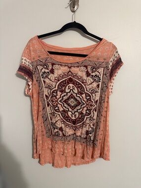 Lucky Brand Boho Mandala Print Burnout Tee - XL - Terracotta Peach & Plum